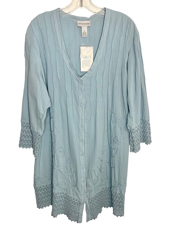 Soft Surroundings Tops - NWT Soft Surroundings Blue Boho Embroidered Floral & Crochet Trim Blouse Size L